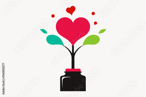 color splash heart tree growing from an ink bottle