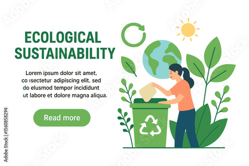 Flat vector illustration of a slide, website, web page or landing page layout, template, poster, banner with text, representing the concept of ecological sustainability, environmental protection, and