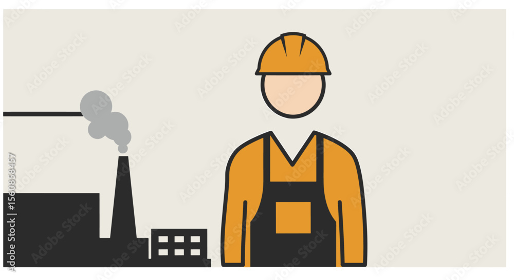 An illustrative flat design showcases a construction worker in front of a factory, highlighting industry, labor, and the concept of manufacturing and production. An illustrative flat design showcases a construction worker in front of a factory, highlighting industry, labor, and the concept of manufacturing and production.
