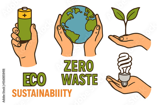 A set of ecological zero waste lifestyle and sustainability elements in a trendy dotted pop art style, featuring hands holding a battery, an Earth globe, a plant, and a power saving lamp in a retro