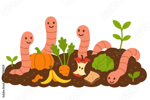 Adorable cartoon compost worms isolated in vector form amidst an organic garbage heap with leftovers and growing plants, depicted as cute characters working in garden soil and humorous invertebrate