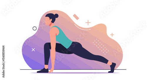 a woman in a yoga pose, with her legs extended and arms reaching out to the sides. Suitable for landing page, banner, marketing, web design, presentation, infographic, etc.