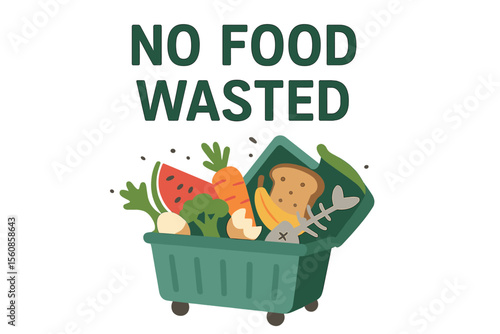 Environmentally friendly food poster featuring a cartoon dumpster with food garbage and the text No food wasted, promoting organic waste and zero waste themes through flat vector design for food
