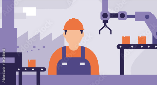 Modern factory worker overseeing automated production line with robotic arm in flat design style for web.