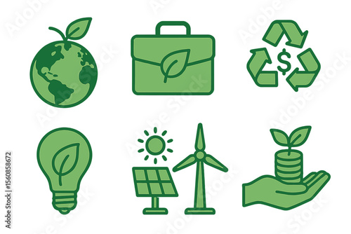 green business icons Environmental ecology, sustainability, money-saving investments, recycling, renewable energy and going green’ is rephrased to  ‘Ecological sustainability, green investments