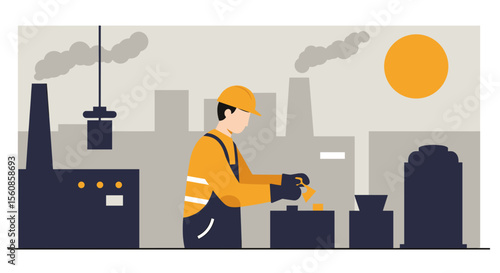 An illustrated flat design shows a factory worker in a yellow hard hat and uniform working in an industrial setting, surrounded by smokestacks and the sun, ideal for presentations.