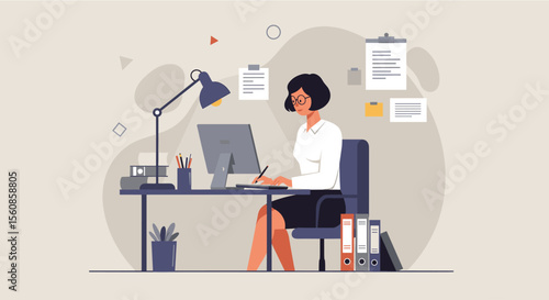 A smiling businesswoman works diligently at her desk on a computer, depicted in a modern flat design illustration suitable for web design and marketing.