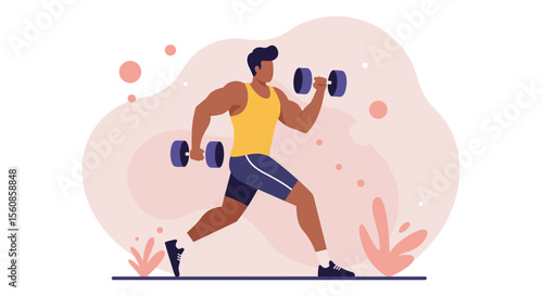a man in a yellow tank top and blue shorts, actively engaged in weightlifting with dumbbells in his hands. Suitable for landing page, banner, marketing, web design, presentation, infographic, etc.