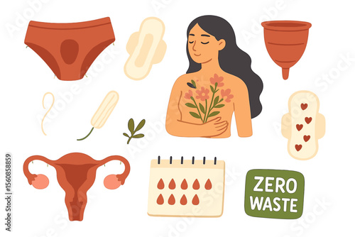 Collection of stickers featuring menstruation, periods, the female uterus, and reproductive system, including zero-waste items and cartoon illustrations of women with flowers, underwear, pads, cups