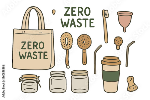 Eco-friendly essentials including a reusable shopping bag, wooden toothbrush, menstrual cup, steel straw, glass jars, and thermo mug, all part of a zero waste set, presented in a hand-drawn vector