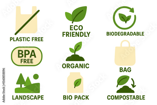 Eco friendly icon set featuring biodegradable, bpa free, organic, compostable, natural, bio pack, bag, and landscape elements in a plastic free theme