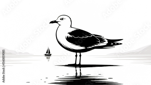 A black and white silhouette illustration of a seagull standing on one leg. The bird is drawn in a minimalist style with clean lines and sharp edges.
