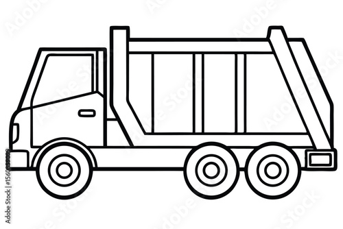 Outlined Illustration of Garbage Truck, Simple Black and White Heavy Machinery Image