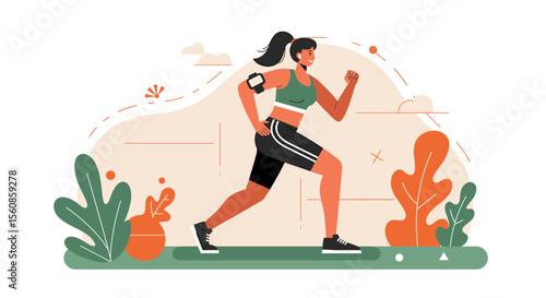 Flat design illustration of a woman running outdoors, perfect for marketing, web design, and health-focused presentations.