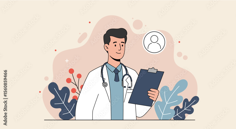 a smiling doctor in a white coat holding a clipboard, surrounded by plants and a medical symbol. Suitable for landing page, banner, marketing, web design, presentation, infographic, etc. a smiling doctor in a white coat holding a clipboard, surrounded by plants and a medical symbol. Suitable for landing page, banner, marketing, web design, presentation, infographic, etc.