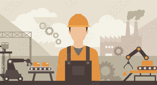 A flat design illustration depicts a factory worker overseeing automated production lines, perfect for a landing page promoting manufacturing technology and efficiency.