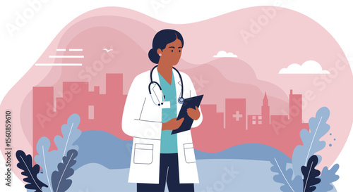 Professional female doctor with stethoscope and clipboard in a modern city with abstract background, representing healthcare services.