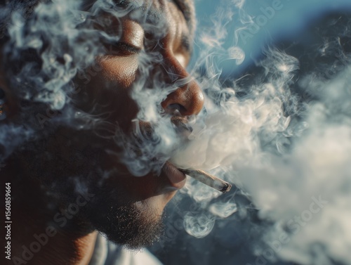 Marijuana joint in the hand, a man smokes a joint. Medical marijuana use and legalization of the cannabis, concept.