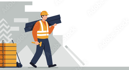 A male construction worker in a hard hat and safety vest carries metal beams, depicted in a modern flat design illustration suitable for web or marketing.