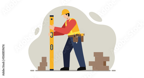 Flat design illustration of a construction worker using a level tool to measure bricks on a construction site, suitable for web banners, landing pages, presentations, and marketing materials.