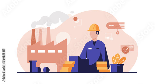 Modern flat design illustration of a factory worker overseeing production and industrial processes on a landing page banner.