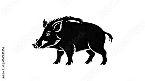 A black and white silhouette illustration of a wild boar in profile view facing left. The boar has a distinctive snout, pointed ears, and a small tufted tail.