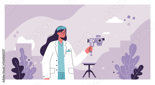 A female ophthalmologist holds a phoropter during an eye exam, illustrated in a flat design style, perfect for websites, banners, and presentations related to healthcare and vision.