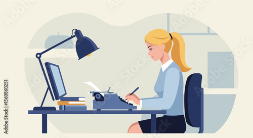 A focused blonde woman diligently works at her desk, writing on paper next to a vintage typewriter and modern laptop in a professional flat design.