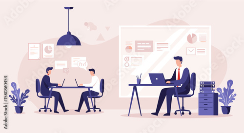 A modern flat design illustration depicts business professionals collaborating in a contemporary office setting, analyzing data and developing new strategies.