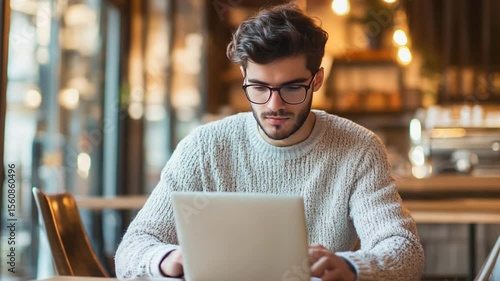Wallpaper Mural Young Man with Glasses Working on Laptop in Cozy Indoor Cafe Torontodigital.ca