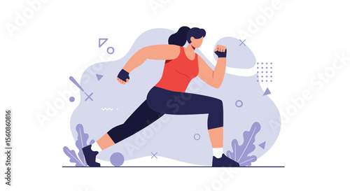 a woman in a red tank top and black shorts running, with a focused expression and a determined posture. Suitable for landing page, banner, marketing, web design, presentation, infographic, etc.
