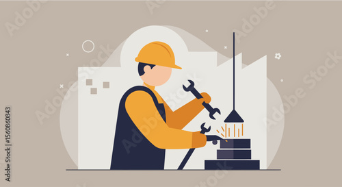 An industrial worker in a hard hat and overalls performs maintenance on factory machinery, depicted in a modern flat design illustration style.