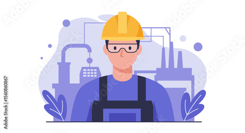 An illustrated flat design of a factory worker in a yellow hard hat and safety glasses, standing in front of a manufacturing plant, ideal for industrial and engineering presentations.