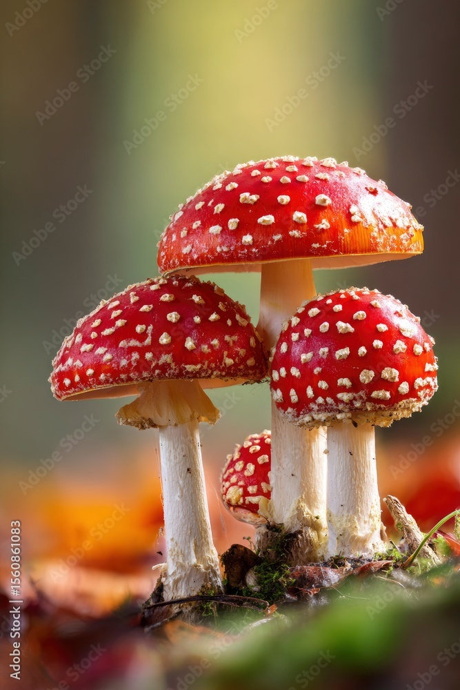 Obraz premium A closeup of four fly agaric mushrooms with red caps dotted with white warts standing on a forest floor