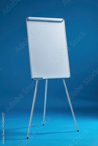 A flip chart stands on a blue background The stand is white and the board is a lighter color