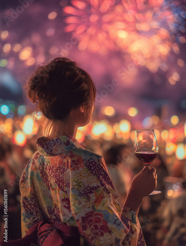 Japanese woman in yukata enjoying fireworks festival