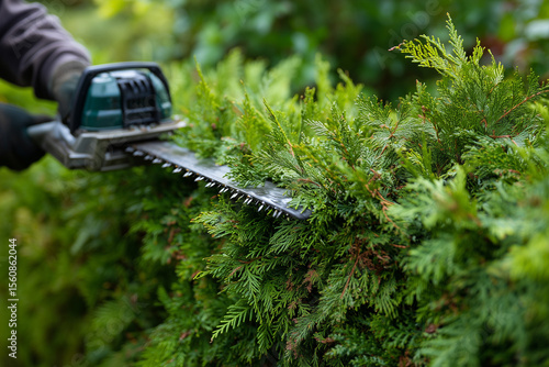 Gardener trimming green cedar hedge with electric tool