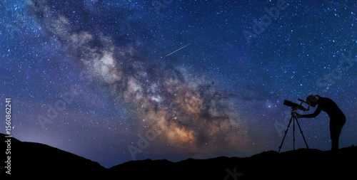Silhouette stargazer woman looking through telescope at the stars and Milky way. Scenery Landscape with night starry sky and silhouette of standing woman with telescope.