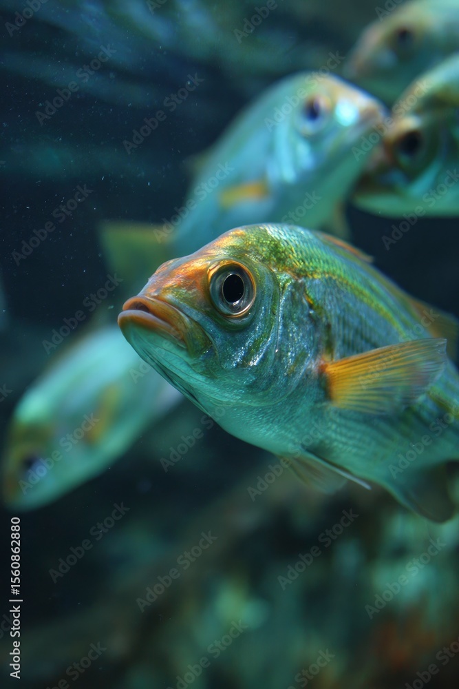 Fish swimming in an aquarium detailed view of head eye others blurred behind Fish swimming in an aquarium detailed view of head eye others blurred behind