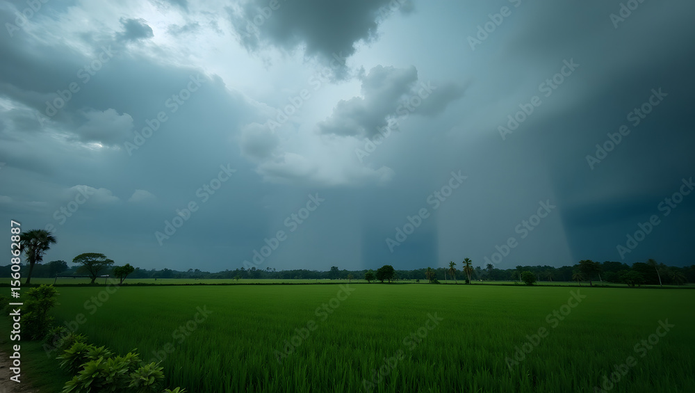 Scenic Monsoon Landscape with Rain Clouds and Lush Green Nature Scenic Monsoon Landscape with Rain Clouds and Lush Green Nature