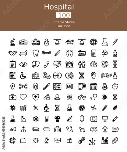 
Hospital and Medical Outline Icons—100 Editable Stroke Line Icons