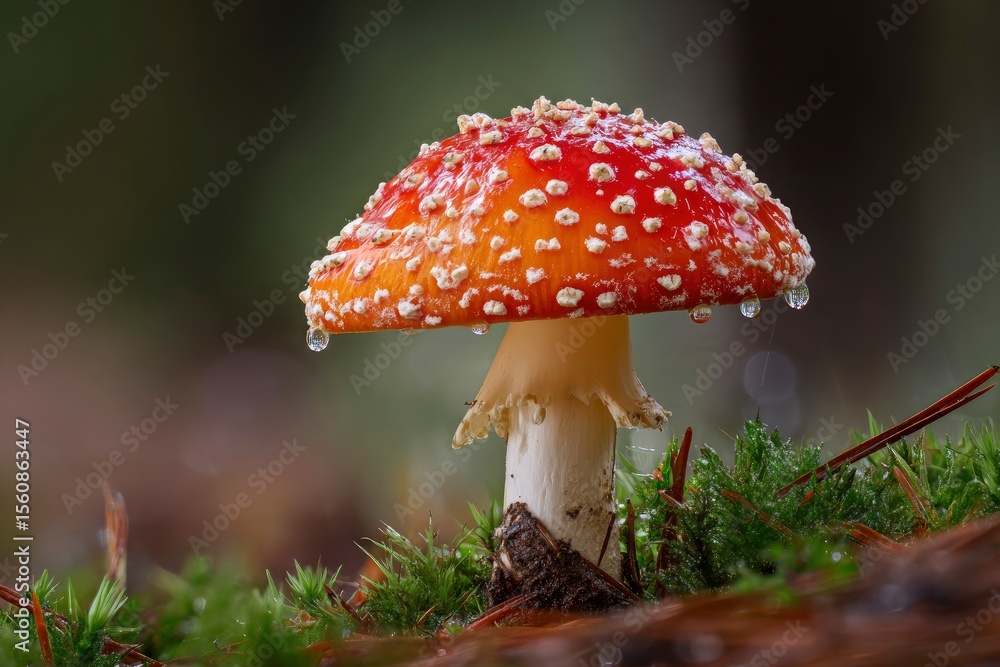 Fototapeta premium Red mushroom w white spots droplets mossy ground