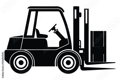 Black Silhouette Illustration of a Forklift Carrying a Box, Industrial Vehicle Image