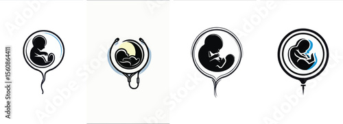 Various artistic representations of a human fetus in a womb-like design