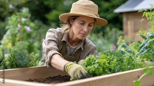 A woman harvesting fresh leafy greens in a raised garden bed near an off-grid home. Concept: self-sufficiency and mindful connection to land.
