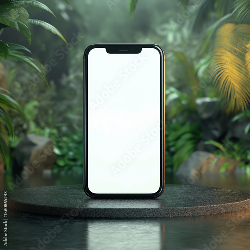 Minimalist Smartphone Presentation in a Serene Forest Environment with Ample Copy Space