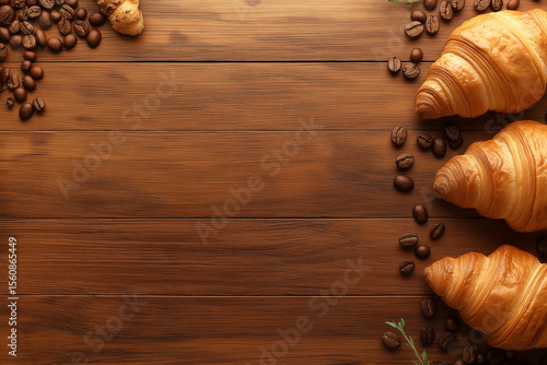 Cozy Morning Spread: Delicious Pastries and Premium Coffee Beans Artfully Arranged on a Rich Brown Wood Surface