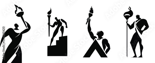 Set of stylized figures holding torches of fire in different poses