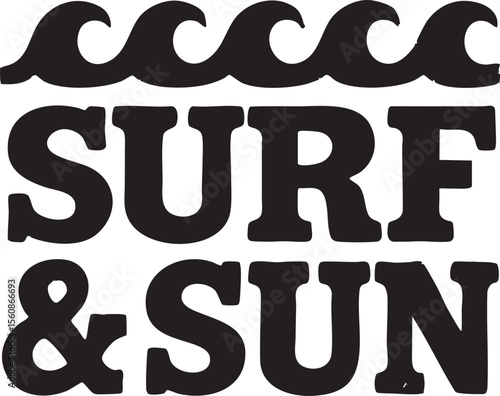 Bold Black and White Graphic Design Featuring Stylized Waves and the Text Surf Sun in a Chunky Font