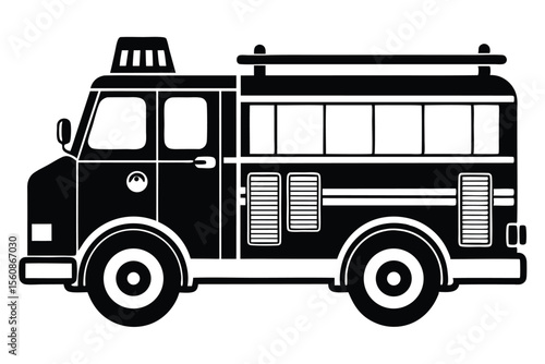 Fire Engine Truck Silhouette Emergency Vehicle Vector Icon, Black and Bold Outline Design